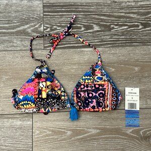 NWT In Mocean Swimwear Sz S Colorful Bikini Top w Tassel Accent